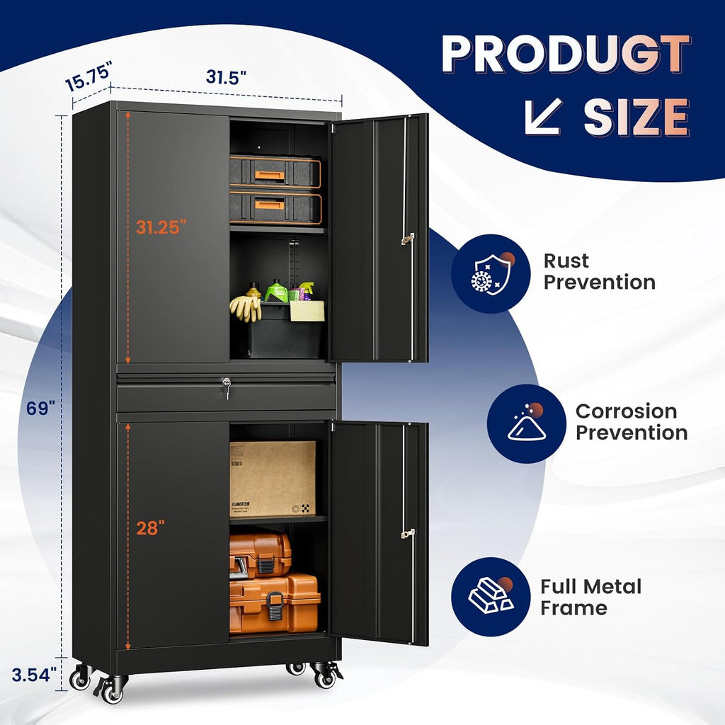 Yizosh Metal Garage Storage Cabinet with Locking Doors and Adjustable Shelves, 73' Rolling Tool Storage Cabinet with 4 Wheels and 1 Drawer for Garage,Warehouse (Black)