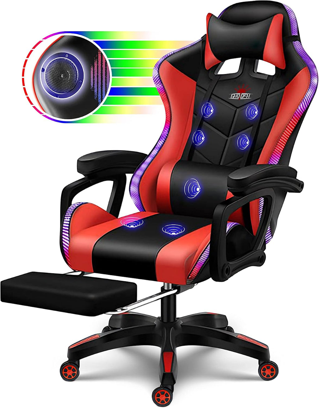 Ergonomic Pro Gaming Chair with LED Lights and Speakers, Video Game Chair with Massage and Footrest, High Back Computer Chair with Lumbar Support and Headrest, Adjustable Height, for Adult Teens.,Red