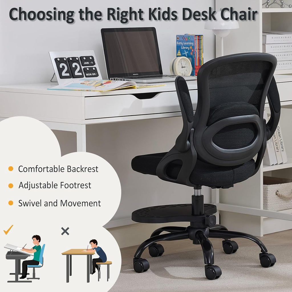 Kids Desk Chair,Ergonomic Study Chair with Adjustable Height,Swivel Mesh Desk Chair with Wheels,Home Office Chair for Children in Home Bedroom Black