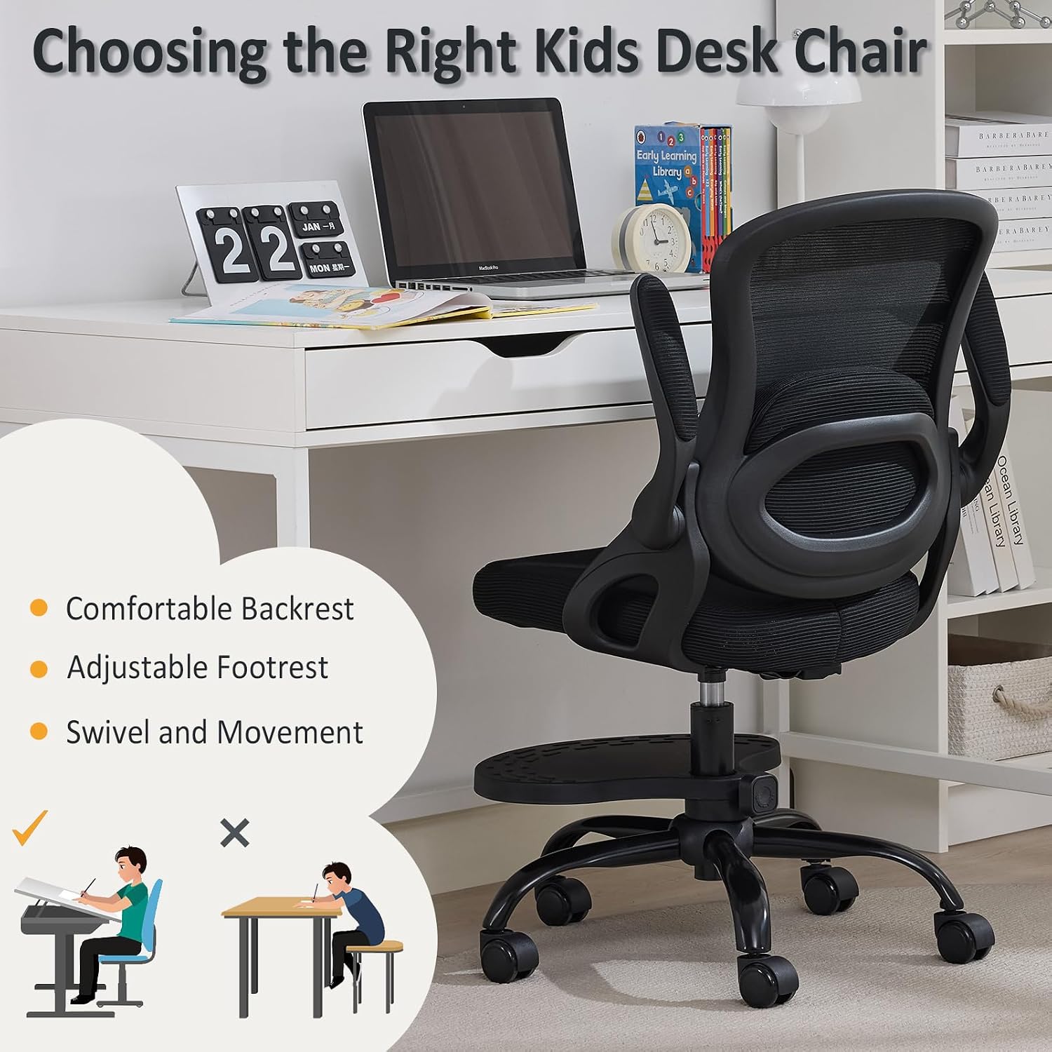 Kids Desk Chair,Ergonomic Study Chair with Adjustable Height,Swivel Mesh Desk Chair with Wheels,Home Office Chair for Children in Home Bedroom Black
