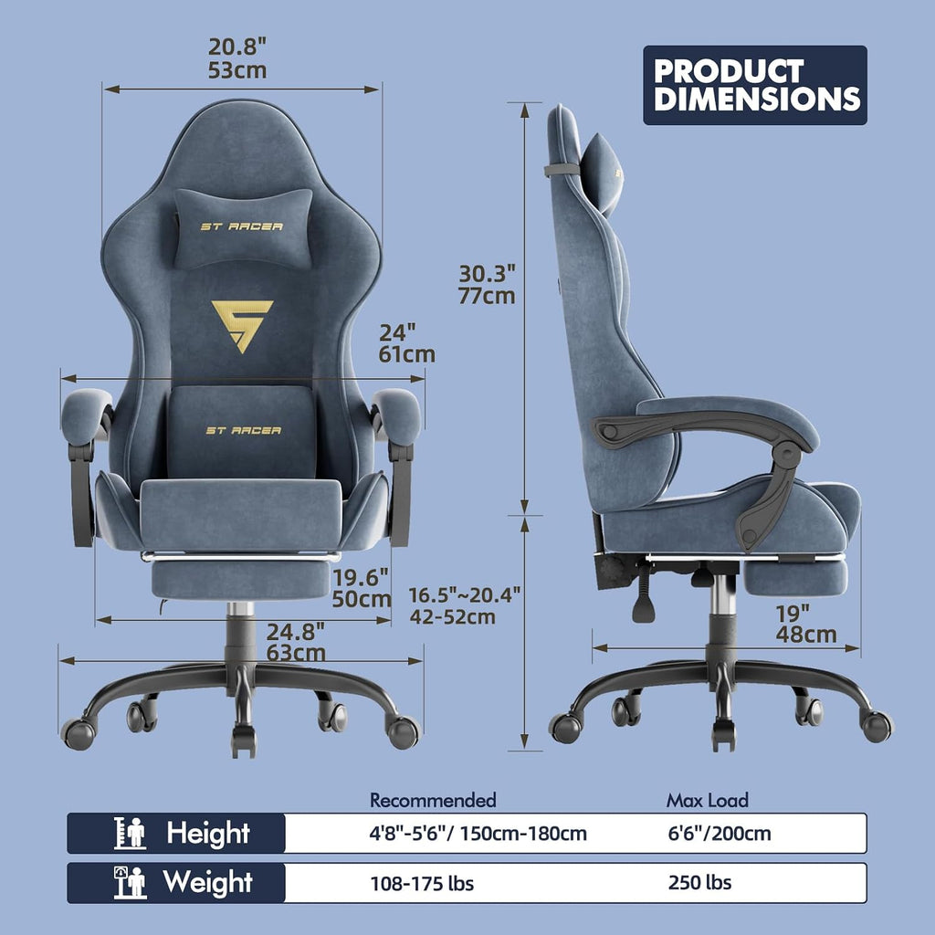 Soontrans Velvet Fabric Gaming Chair with Footrest, Comfortable Video Gamer Chair for Adult, Ergonomic Office Desk Game Computer Chairs with Massage Lumbar Cushion,Headrest