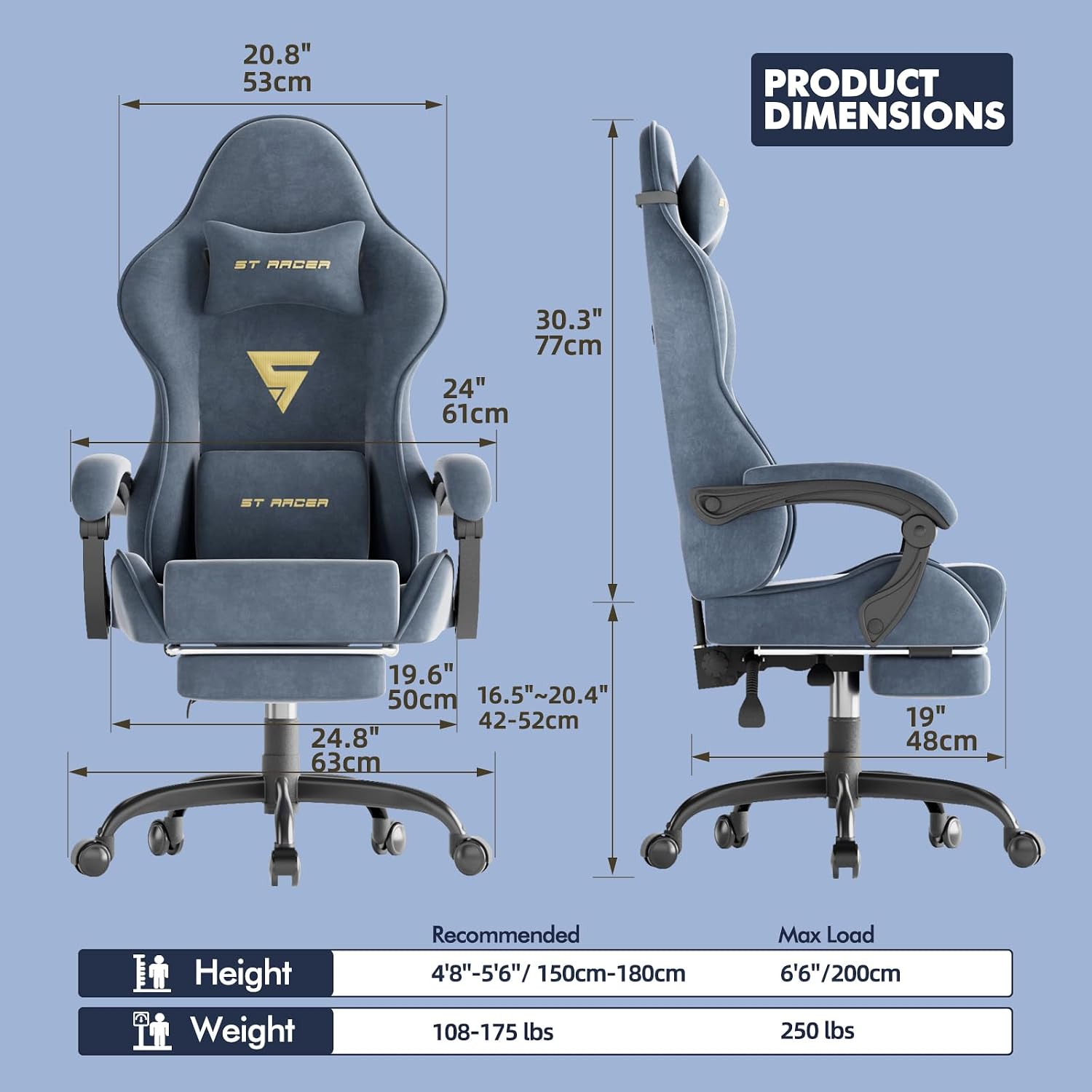 Soontrans Velvet Fabric Gaming Chair with Footrest, Comfortable Video Gamer Chair for Adult, Ergonomic Office Desk Game Computer Chairs with Massage Lumbar Cushion,Headrest
