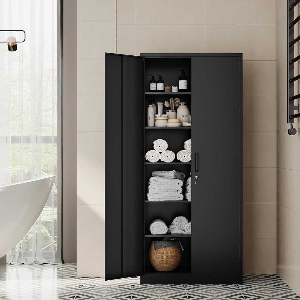 Fesbos Metal Storage Cabinet-71' Tall Steel File Cabinets with Lockable Doors and Adjustable Shelves-Black Steel Storage Cabinet for Home, School, Office, Garage