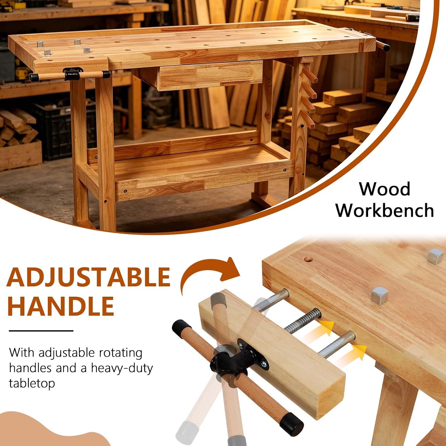 55' Rubber Wood Workbench, Heavy Duty Work Bench with Drawer & Shelf, Work Bench Table for Garage, Workshop, Home Storage, Woodworking Bench, 330 lbs Weight Capacity (55')