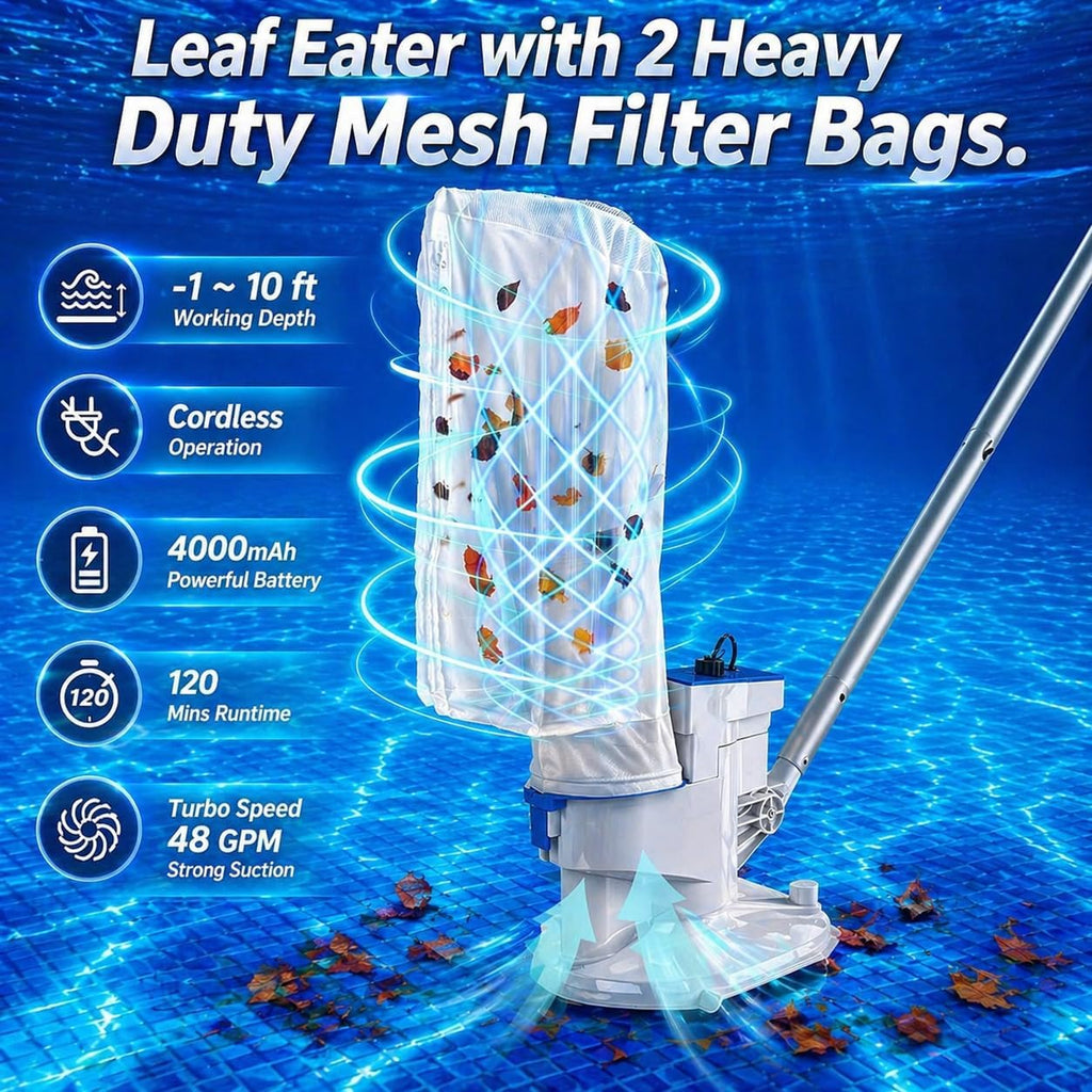2026 New Upgrade Cordless Pool Leaf Vacuum Cleaner with Dual Filter Bags for Above & Inground Pools, Heavy Duty Pool Vacuum with Aluminum Tubes, 48 GPM Strong Suction for Leaves & Debris Removal