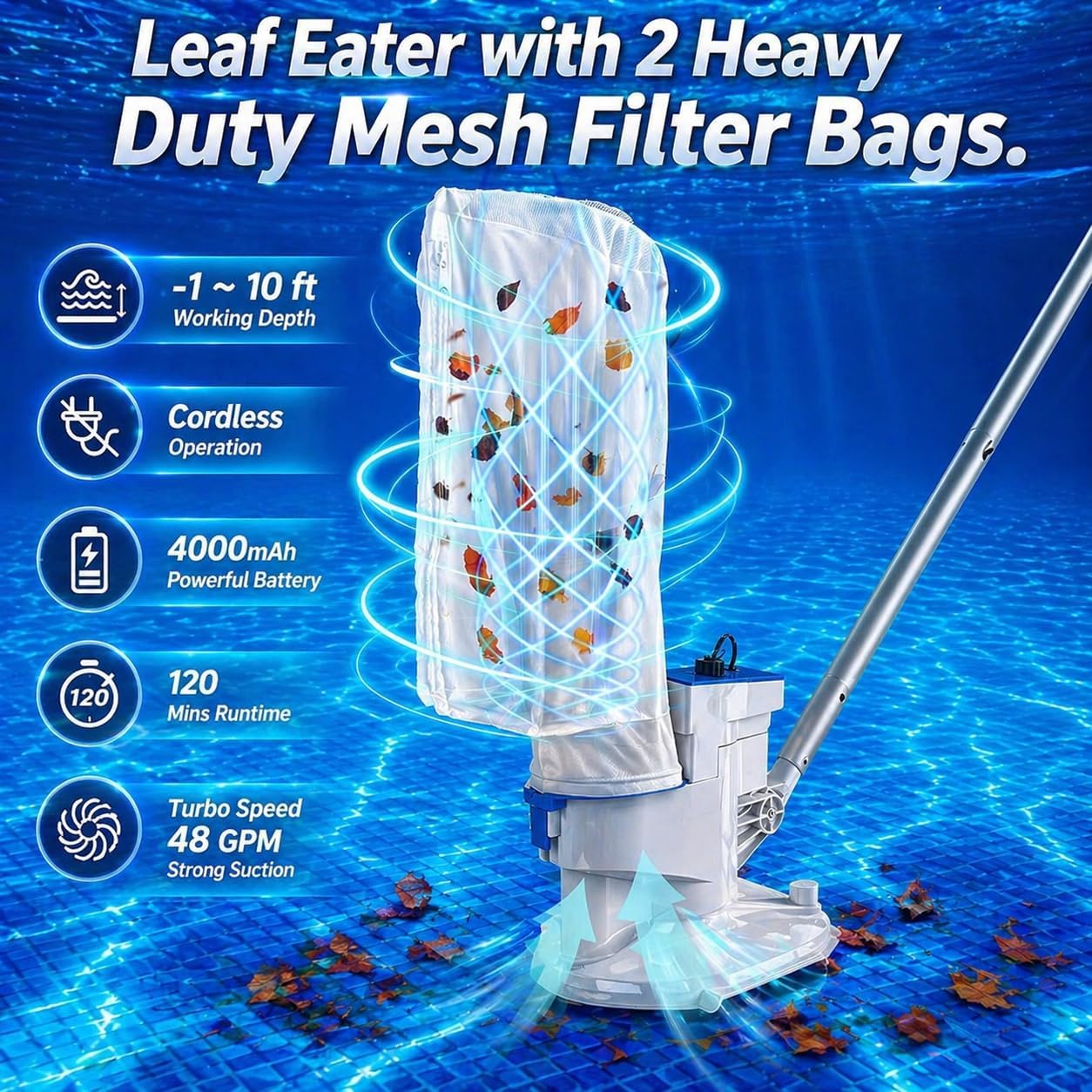 2026 New Upgrade Cordless Pool Leaf Vacuum Cleaner with Dual Filter Bags for Above & Inground Pools, Heavy Duty Pool Vacuum with Aluminum Tubes, 48 GPM Strong Suction for Leaves & Debris Removal