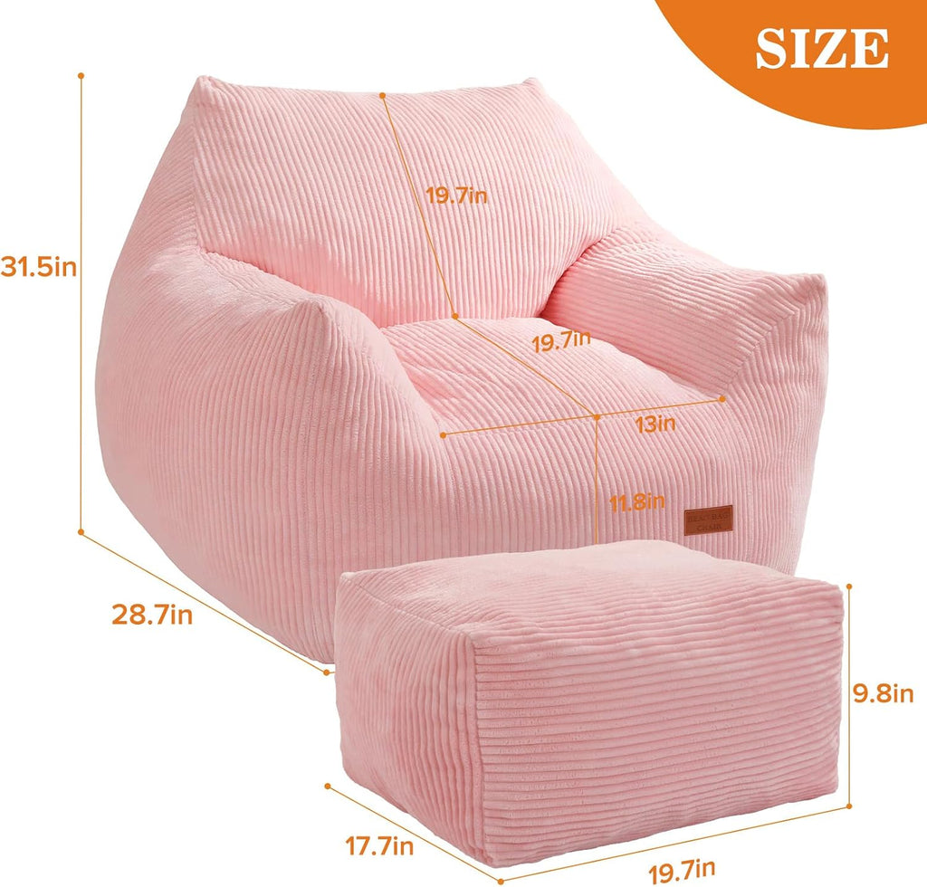Big Bean Bag Chair for Adults, Ultra Soft Living Room Bean Bag with Armrests & Ottoman, Stuffed BeanBag Chair for Napping, Gaming, Vacuum-Compressed for Easy Gifting, 48h to Expand, Pink