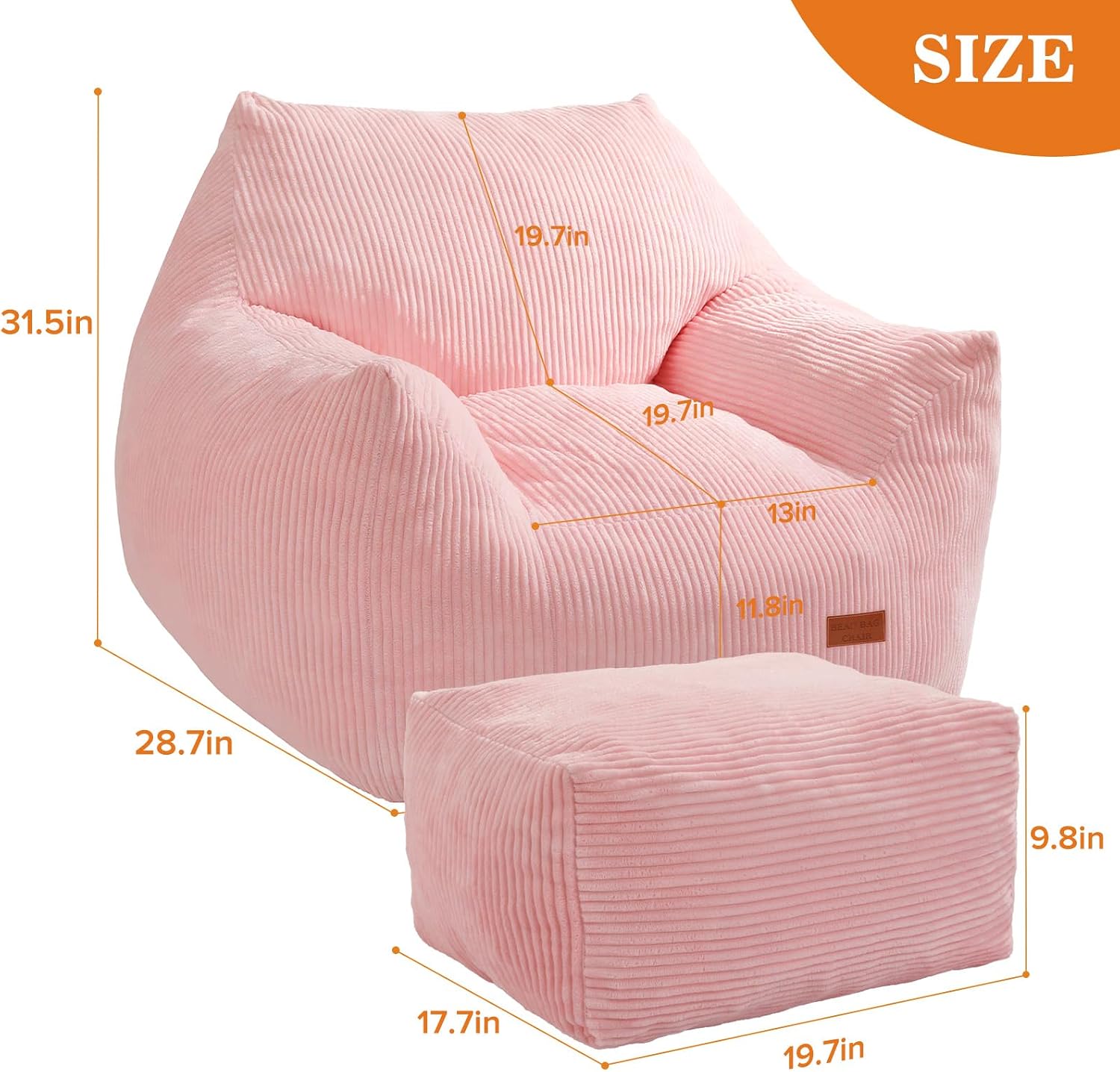 Big Bean Bag Chair for Adults, Ultra Soft Living Room Bean Bag with Armrests & Ottoman, Stuffed BeanBag Chair for Napping, Gaming, Vacuum-Compressed for Easy Gifting, 48h to Expand, Pink