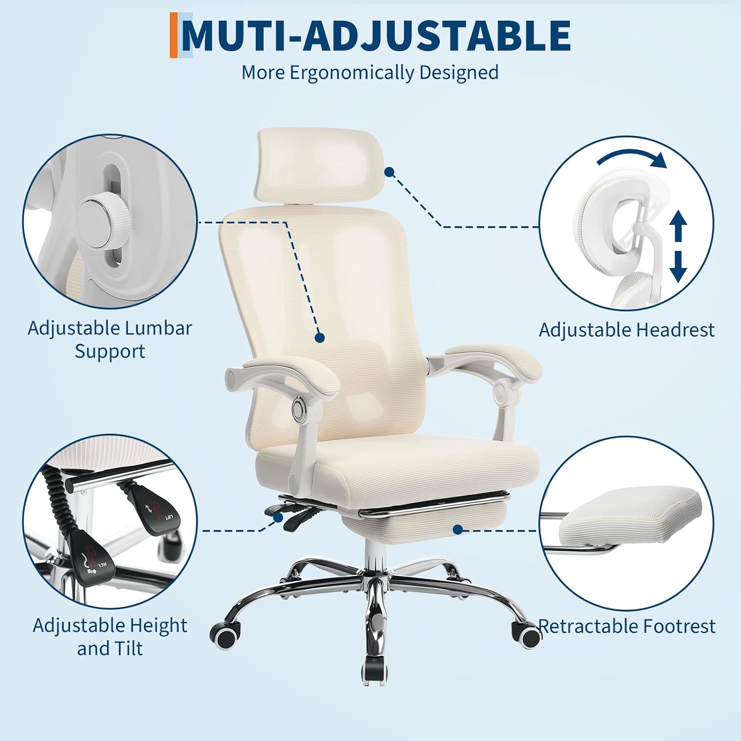 Mesh Ergonomic Office Chair with Footrest, Home Office Computer Desk Chair with Adjustable Headrest and Backrest, Comfortable Lumbar Support, Executive Desk Chair with Wheels 360 Swivel, Beige