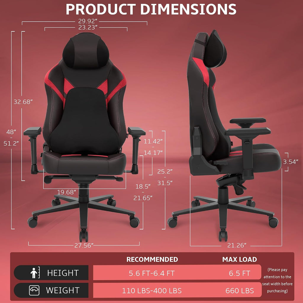Ergonomic Gaming Chair, Computer Desk Chairs, 4D Armrests, High Back Office Chair with Headrest & Lumbar Pillow, Tilt Rocker Recliner, Heavy-Duty Base, Black PU Leather & Red Suede Combo