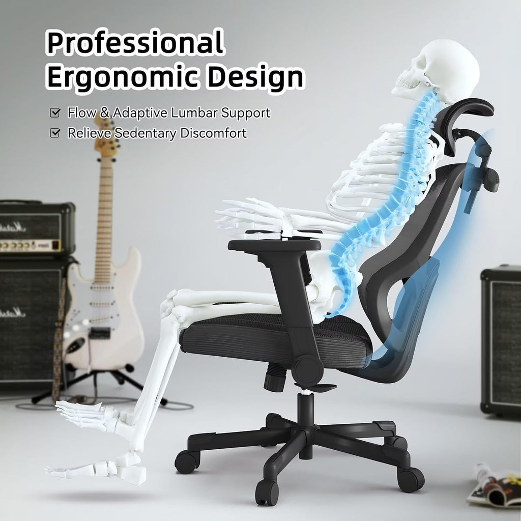 Ergonomic Office Chair Reclining Gaming Chair Adjustable Lumbar Support 6D Armrest Headrest Breathable Mesh Swivel Computer Chairs Home Task Desk Chair Wheels Coat Hanger Tilt Lock Cross Legged Chair