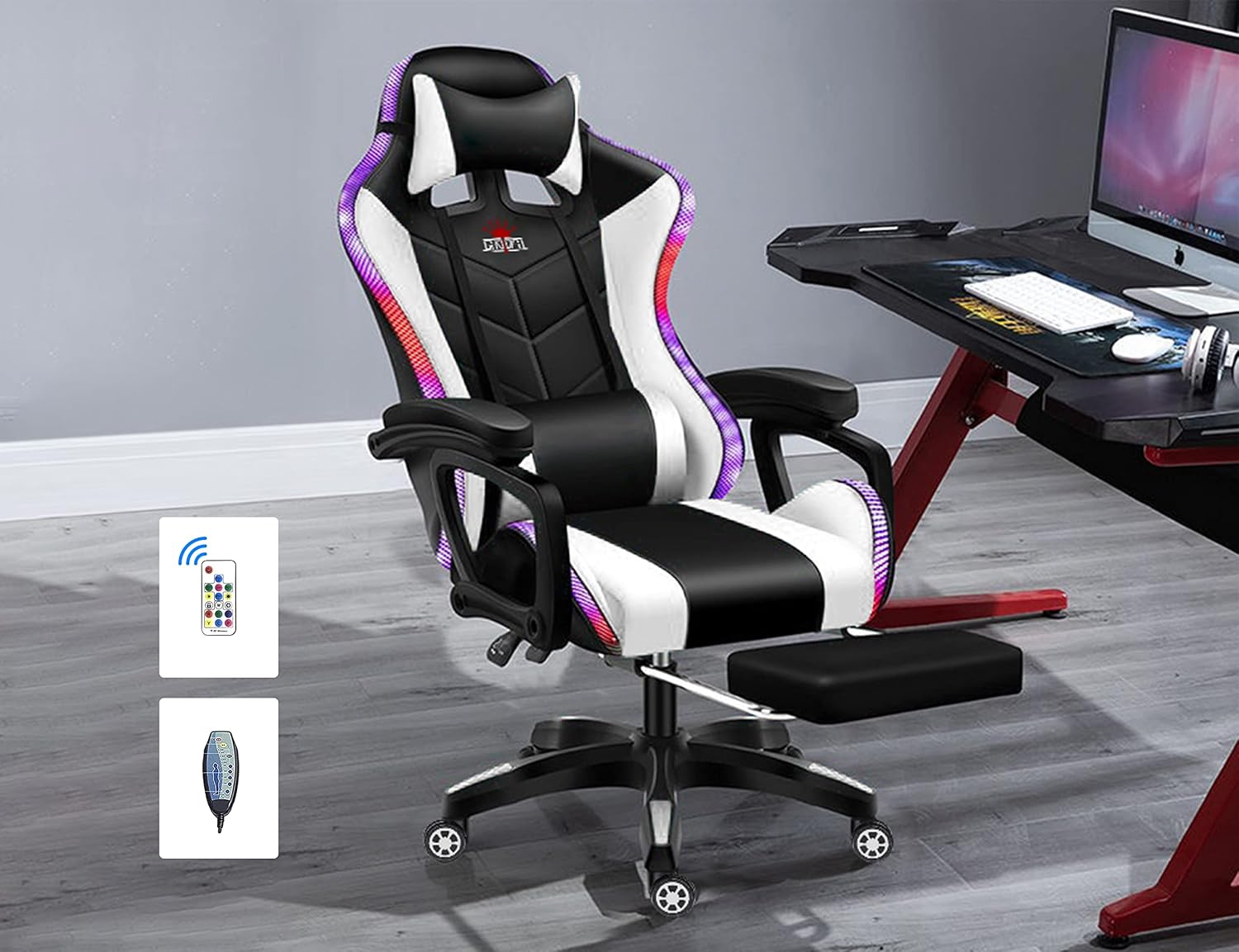 Ergonomic Pro Gaming Chair with LED Lights and Speakers, Video Game Chair with Massage and Footrest, High Back Computer Chair with Lumbar Support and Headrest, Adjustable Height, for Adult Teens.,WHI