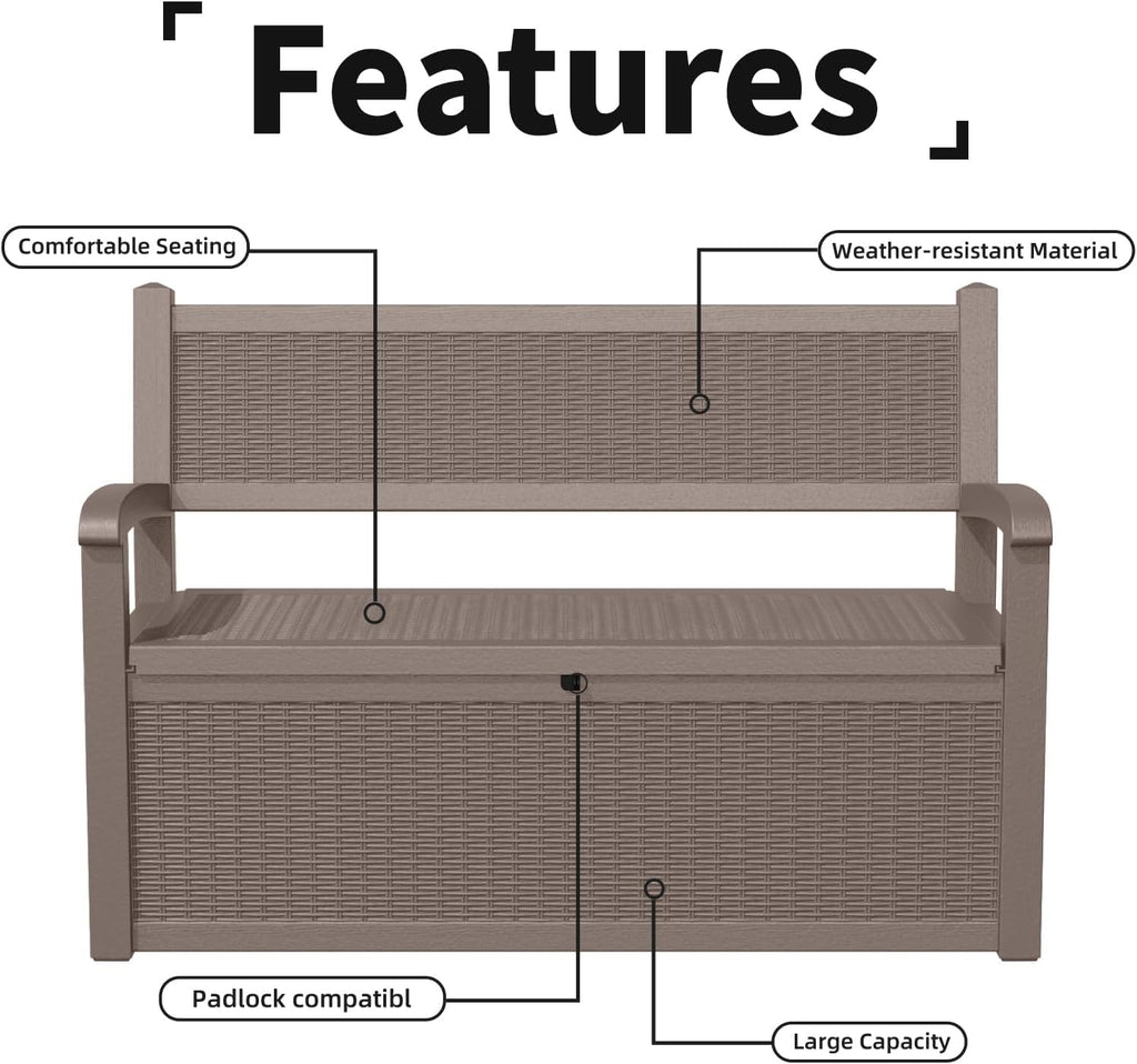 ROJIK 80 Gallon Storage Bench Deck Box Outdoor with Armrests,Storage Furniture Waterproof Lockable for Porch Patio and Garden (Grey)