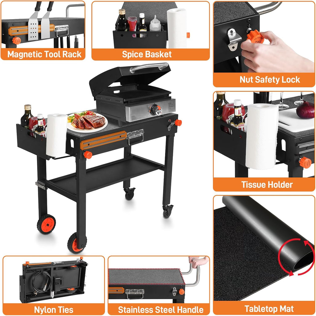 Rolling Grill Cart with Spice Rack, Blackstone Stand for 17'& 22' Griddle, Grill Stand with Storage Shelf, Griddle Table for Ninja, Weber, Portable Grills Table for Patio, Backyard, Camping