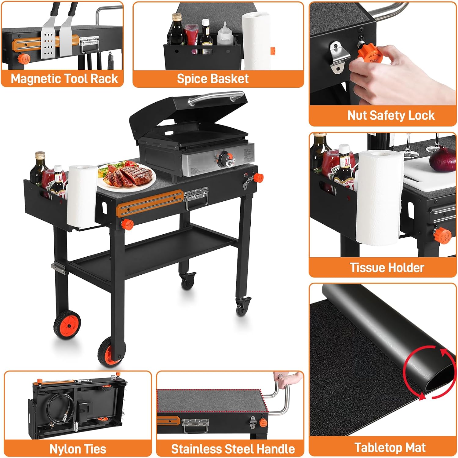 Rolling Grill Cart with Spice Rack, Blackstone Stand for 17'& 22' Griddle, Grill Stand with Storage Shelf, Griddle Table for Ninja, Weber, Portable Grills Table for Patio, Backyard, Camping