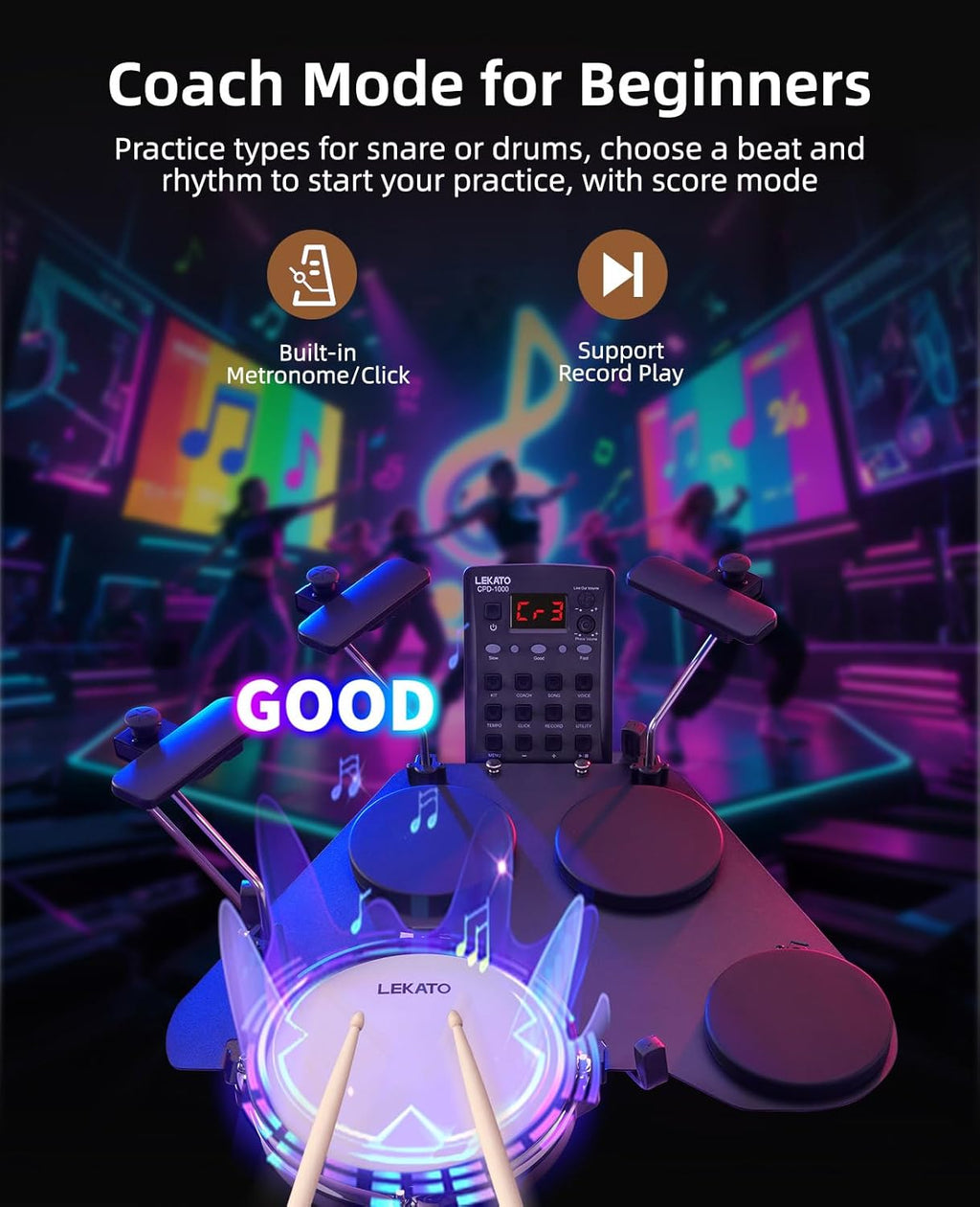 LEKATO CPD-1000 Electronic Drum Set with Quiet Mesh Pads, Portable Electric Drum Set, 220+ Sounds, USB MIDI, 2 Robust Footswitch, Sticks, Travel Bag