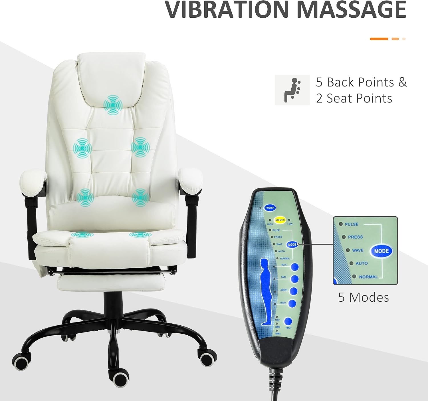 Vinsetto 7-Point Vibrating Massage Office Chair, High Back Computer Chair with Lumbar Support, Footrest, Reclining Back, Adjustable Height, White