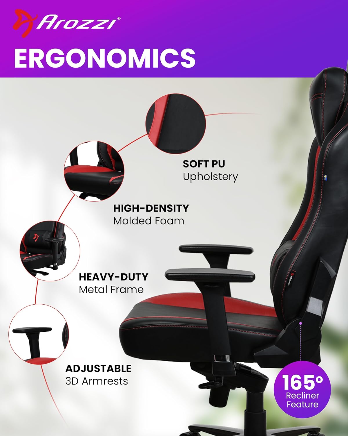 Arozzi Vernazza Soft PU Leather Ergonomic Office and Gaming Chair with High Backrest Recliner Swivel Tilt Rocker Adjustable Height and Adjustable Lumbar and Neck Support - Red