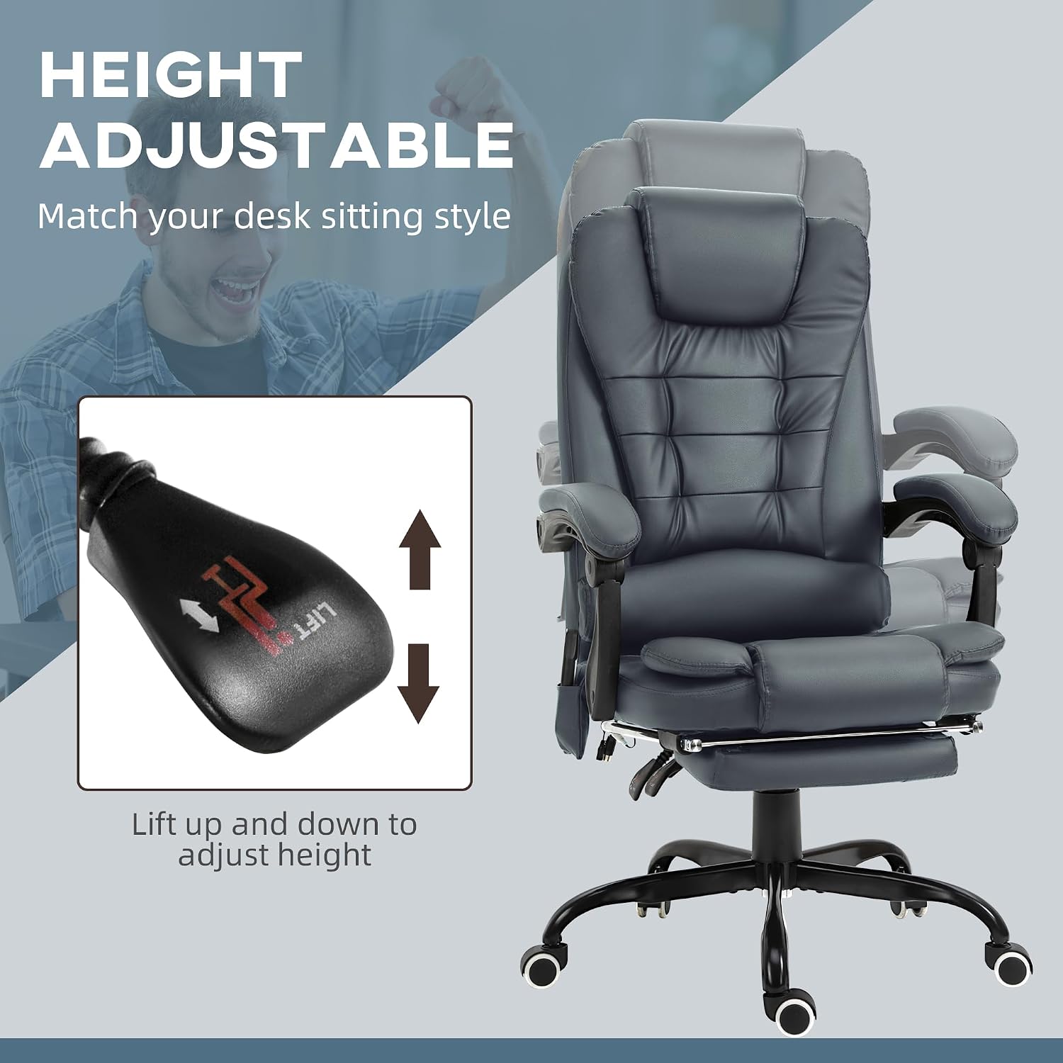 Vinsetto 7-Point Vibrating Massage Office Chair, High Back Computer Chair with Lumbar Support, Footrest, Reclining Back, Adjustable Height, Blue