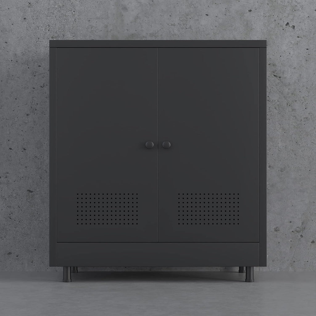 Metal Storage Cabinet with 2 Doors and Adjustable Shelf, Steel Accent Sideboard Buffet Cabinet for Home, Office, Garage, Entryway, Living Room, Kitchen Pantry and Dining Room (Black)