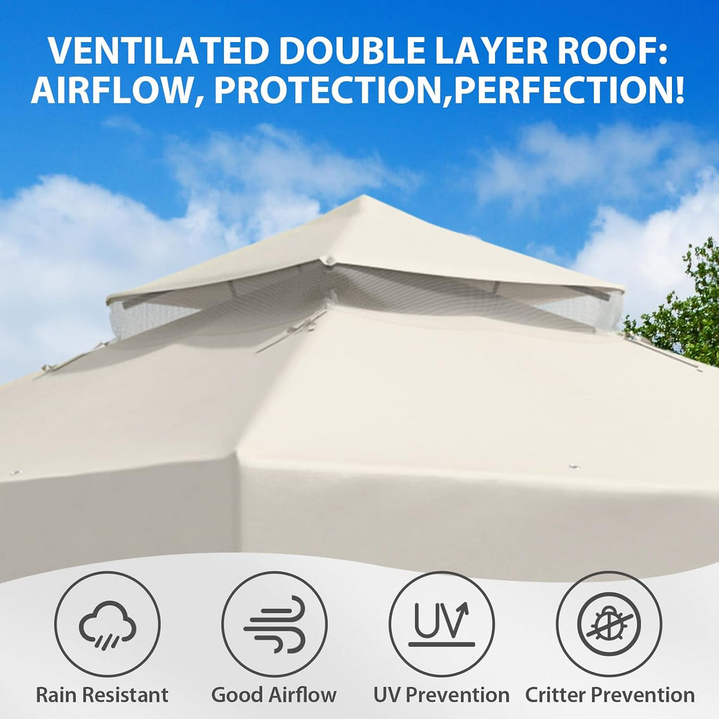 EAGLE PEAK 8x8 Patio Gazebo with Mesh Netting, Double Roof Outdoor Pavilion with Corner Shelves for Lawn, Deck, Garden and Backyard, Beige