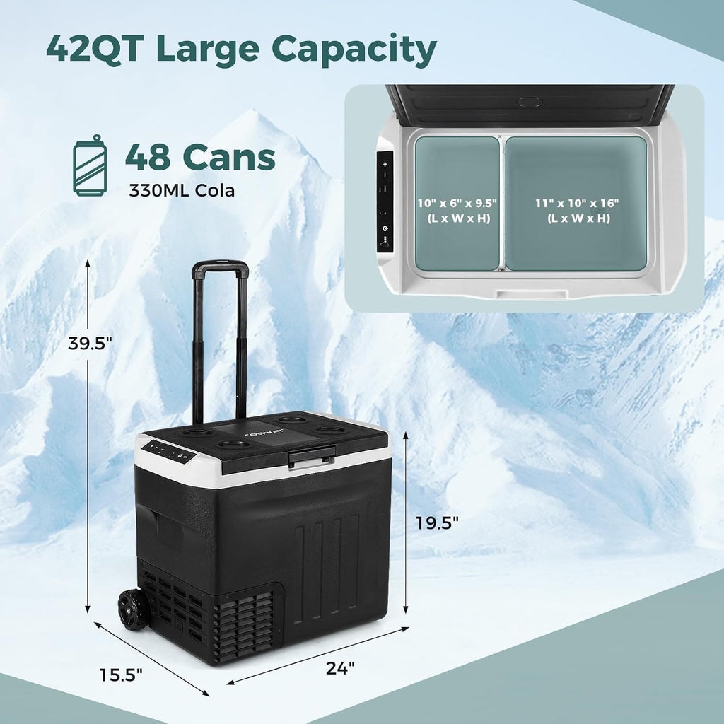 COSTWAY Portable Car Refrigerator, 42-quart Car Fridge with Adjustable Range -4℉~68℉, 12/24V DC 100-240V AC Electric Cooler Freezer with Divider for Camping, RV, Travel, Fishing, Home, Black