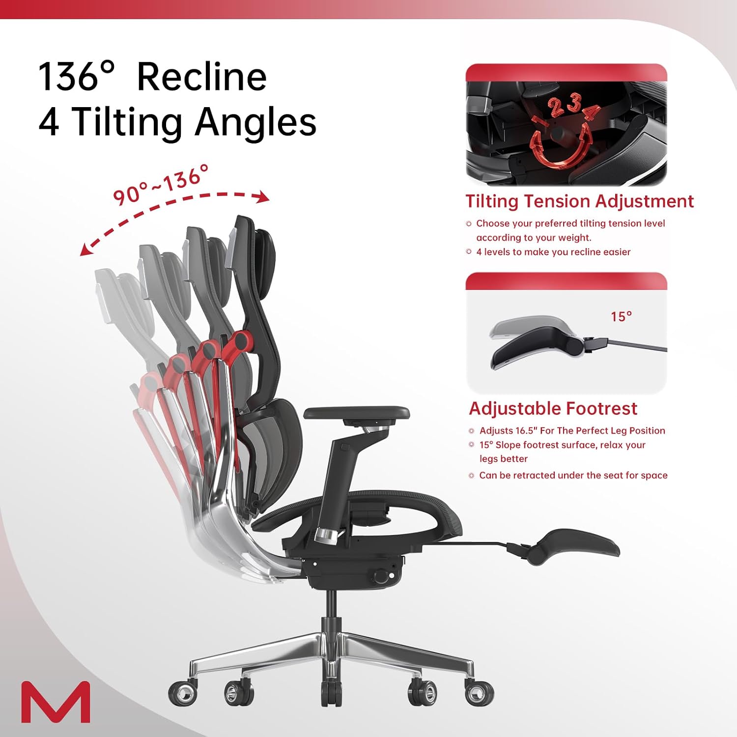ES2T Computer Desk Gaming Chair with 2-Piece Protrusion Adjustable Lumbar Support Trackmaster 6D Armrest Height Adjustable with 2D Leather Headrest 136° Tilt for Office and Gaming