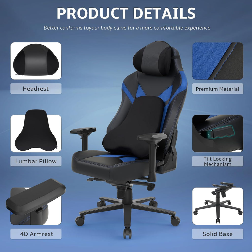 Ergonomic Gaming Chair, Computer Desk Chairs, 4D Armrests, High Back Office Chair with Headrest & Lumbar Pillow, Tilt Rocker Recliner, Heavy-Duty Base, Black PU Leather & Blue Suede Combo