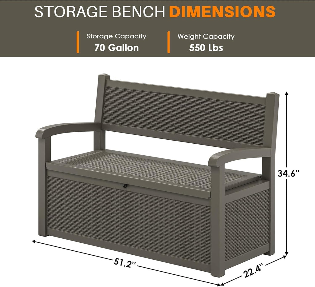 71 Gallon Outdoor Storage Bench Deck Box, Waterproof Outdoor Seating with Lockbale Shed,for Patio Storage Bench,Front Porch Decor,Store Garden Tools and Pool Supplies,Multi-functional Storage (Grey)