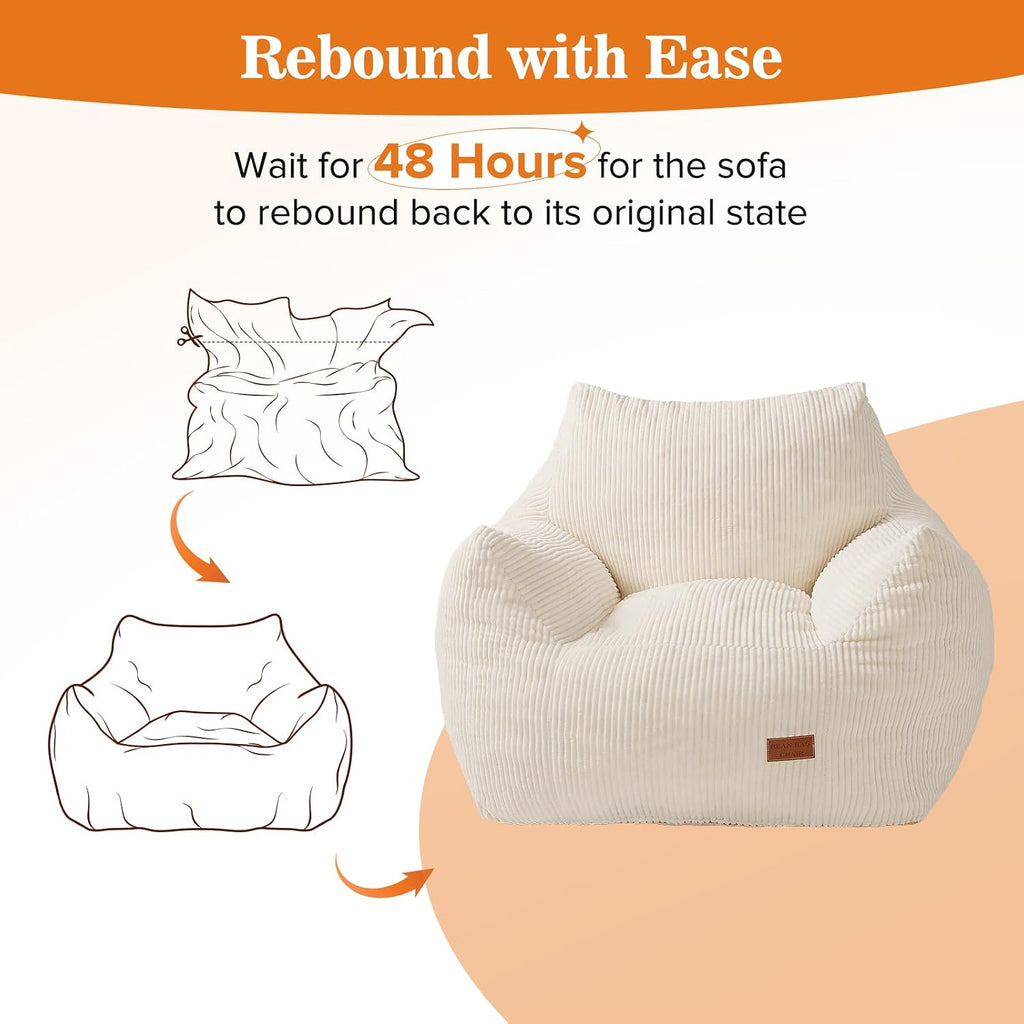 Big Bean Bag Chair for Adults, Ultra Soft Living Room Bean Bag with Armrests, Stuffed BeanBag Chair for Napping, Gaming, Vacuum-Compressed for Easy Gifting, 48 Hours to Fluffs Up, Beige