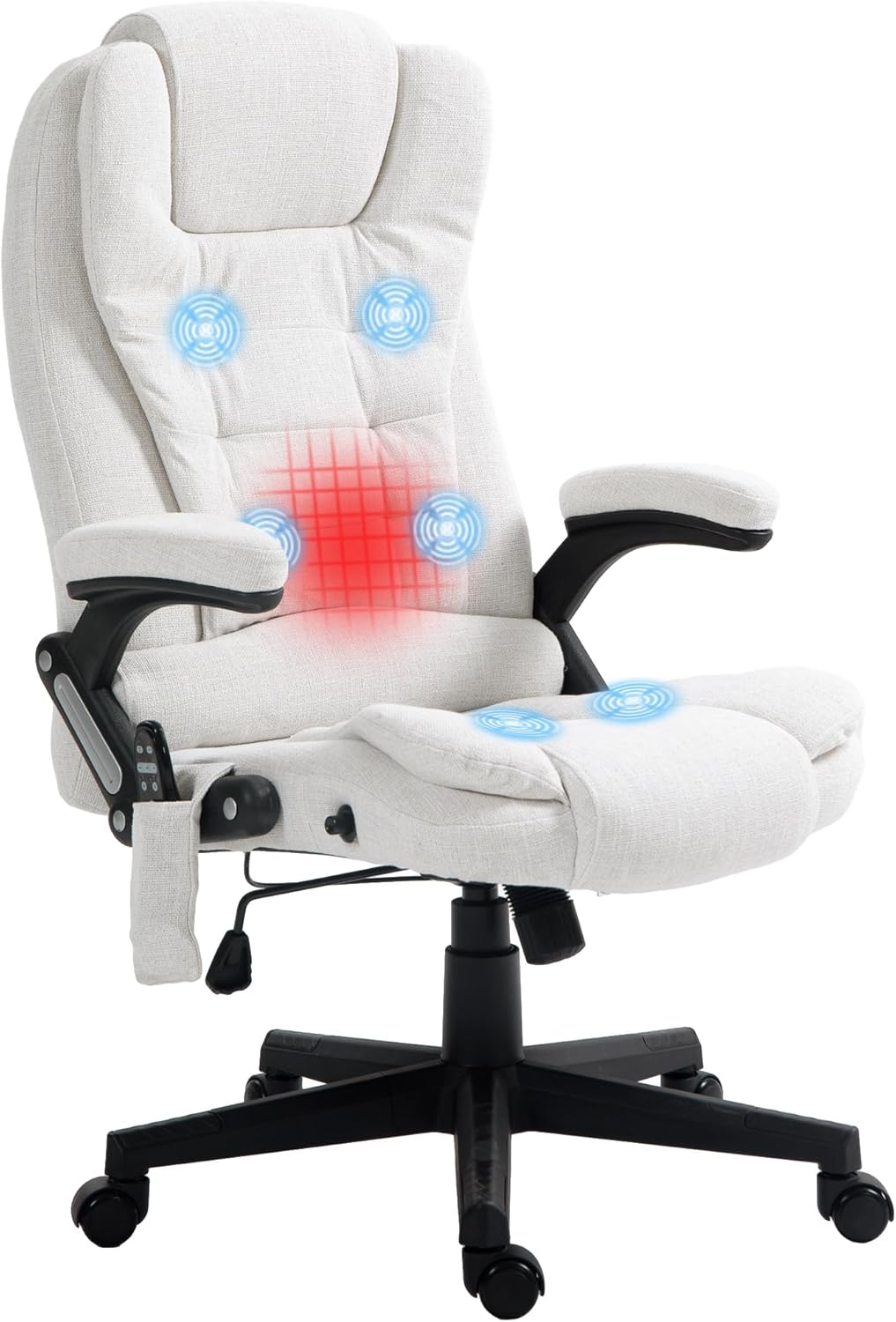 Vinsetto 6 Point Vibrating Massage Office Chair with Heat, Linen High Back Executive Office Chair with Reclining Backrest, Padded Armrests and Remote, Cream White