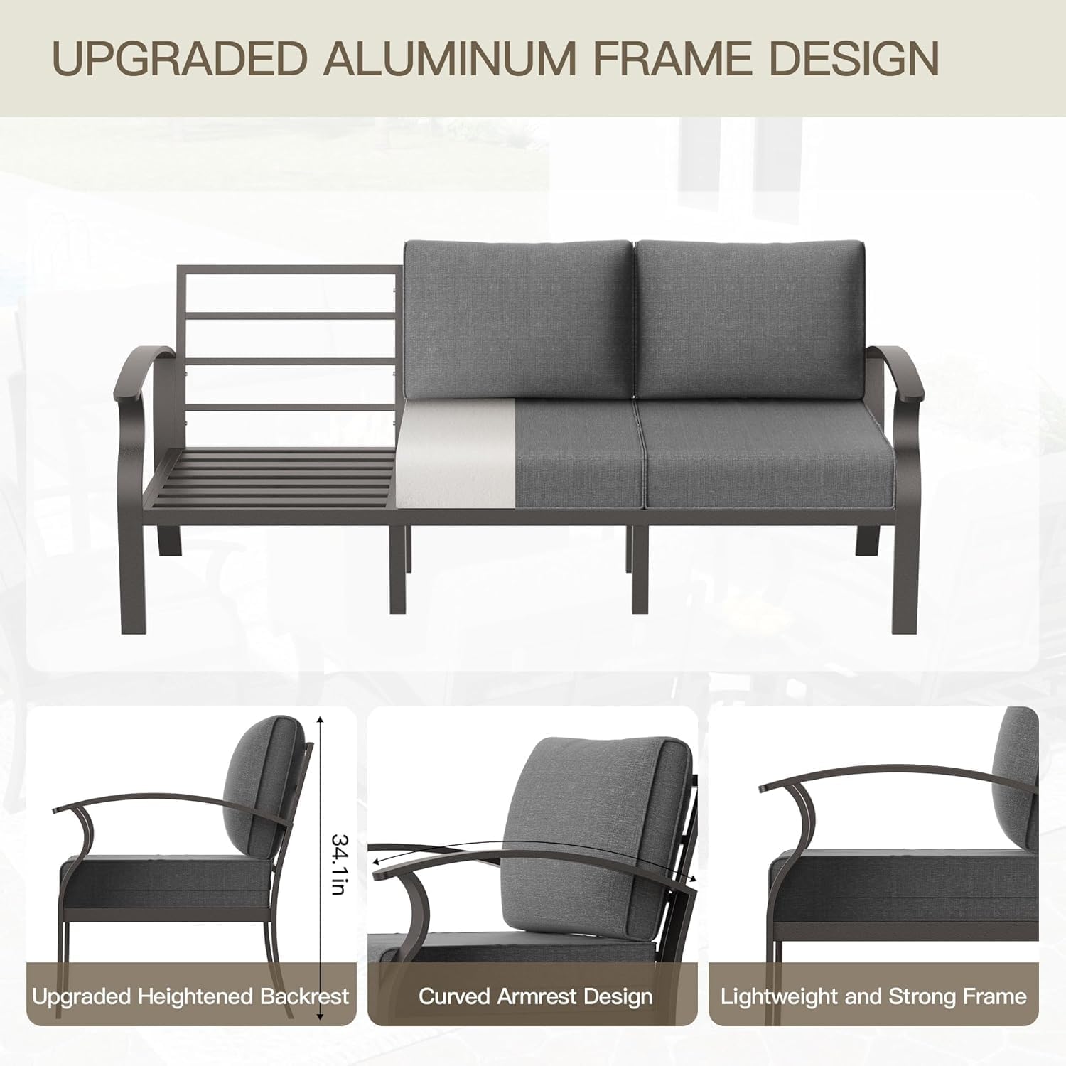 Aluminum Patio Furniture Set with Coffee Table,5 Seats Metal Modern Outdoor Furniture Set w/5.1' Thick Cushions,Patio Sectional w/Swivel Chairs for Backyard,Patio,Grey
