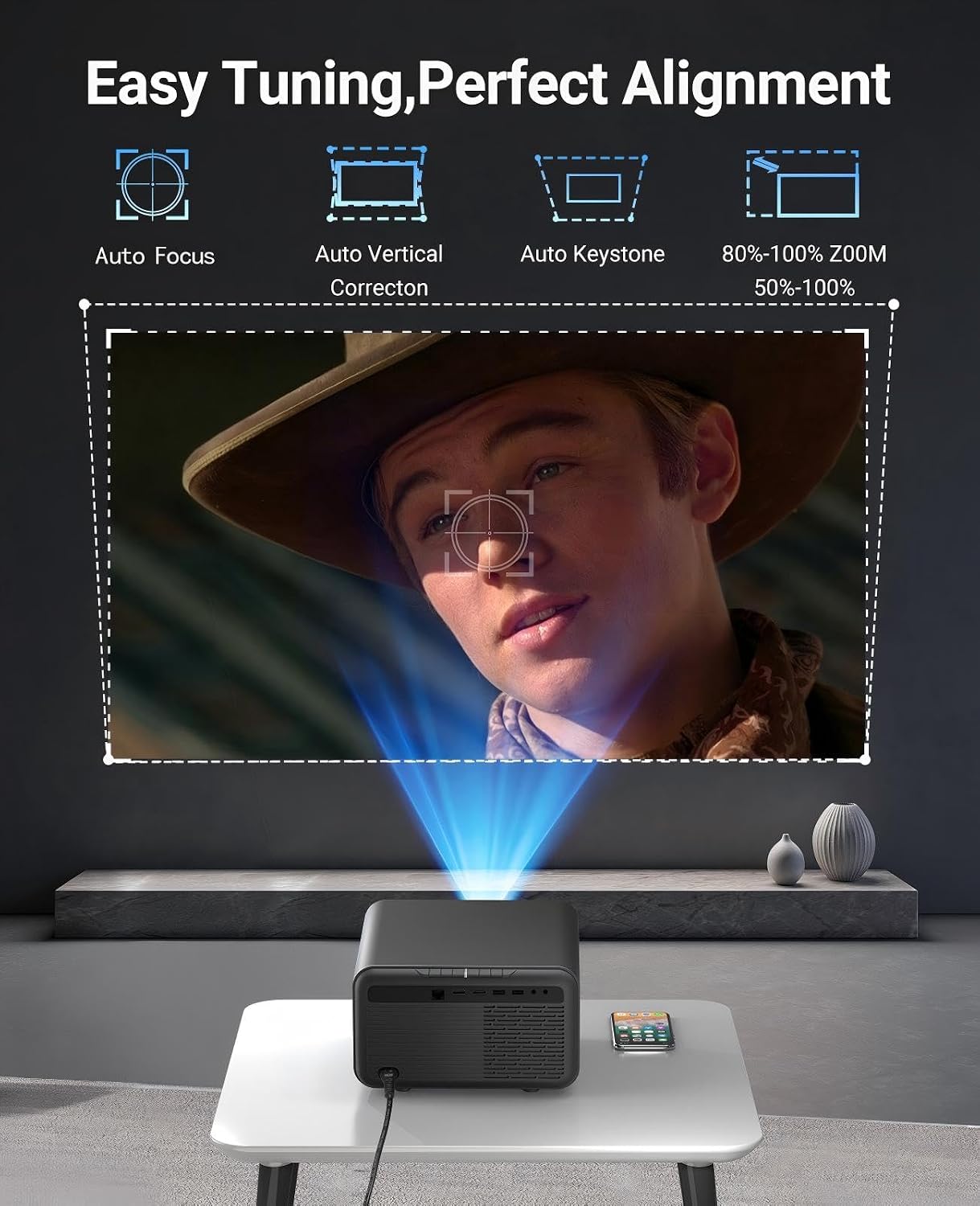 【Native 1080P & Auto Focus】Mini Projector with WiFi and Bluetooth, 800Ansi Brightness, Support 4K HD, Portable Movie Projector, Auto Keystone Correction, Compatible with Smartphone, Laptop, HDMI, USB