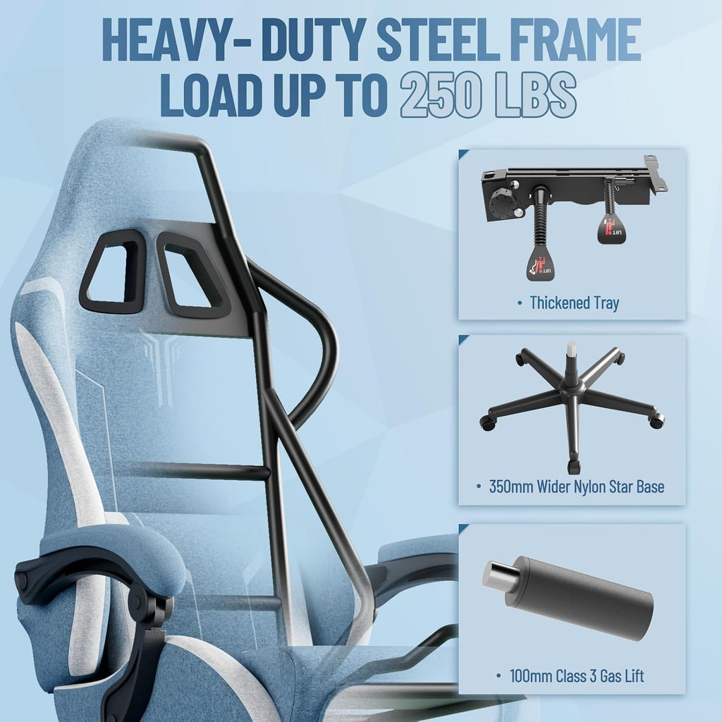 Soontrans Blue Gaming Chair, Fabric Ergonomic Computer Chair with Footrest and Linkage Armrest for Adult, High Back Office Game Chair with Massage Lumbar Support