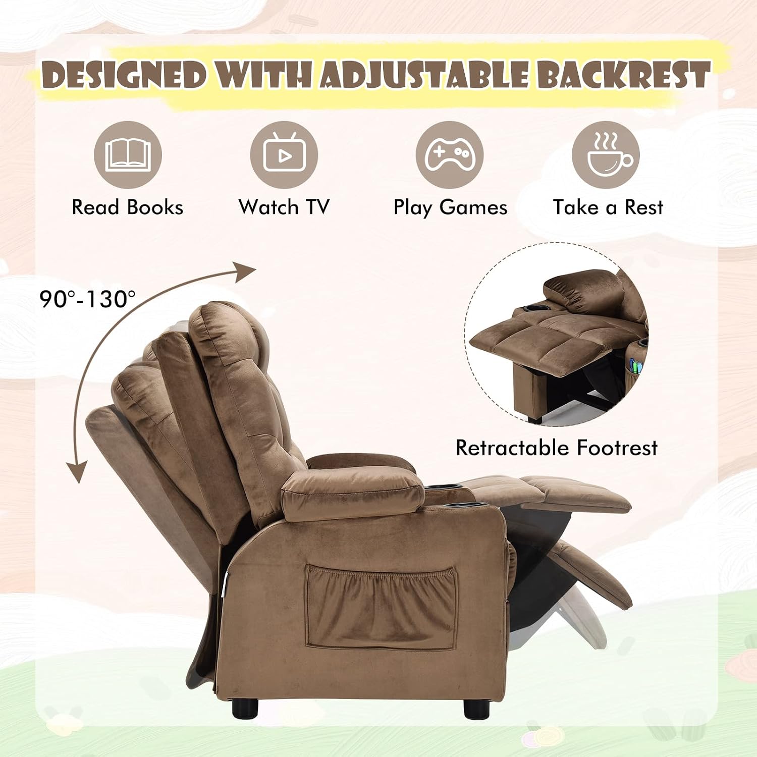 MAT EXPERT Kids Recliner, Velvet Adjustable Reading Chair w/ 2 Cup Holder, 3 Side Pocket Storage & Footrest, Kids Couch Gaming Chair, Toddler Lounge Chair for Boys Girls, Kids Room Playroom (Coffee)