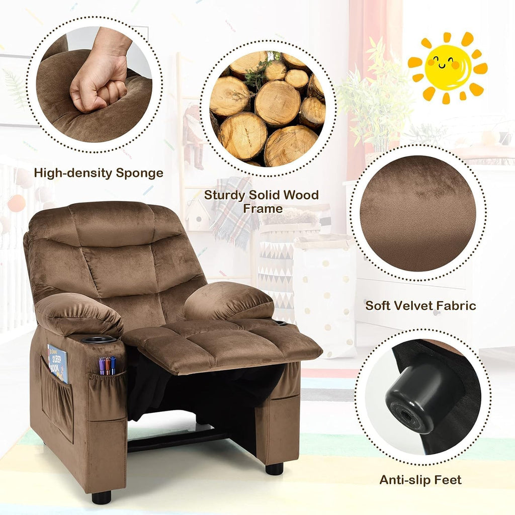 HOMGX Children's Recliner Chair, Velvet Material, Leisure Lounge Chair w/Side Pockets and Footrests, Ergonomically Adjustable Sofa Furniture, Suitable for Living Room (Brown)
