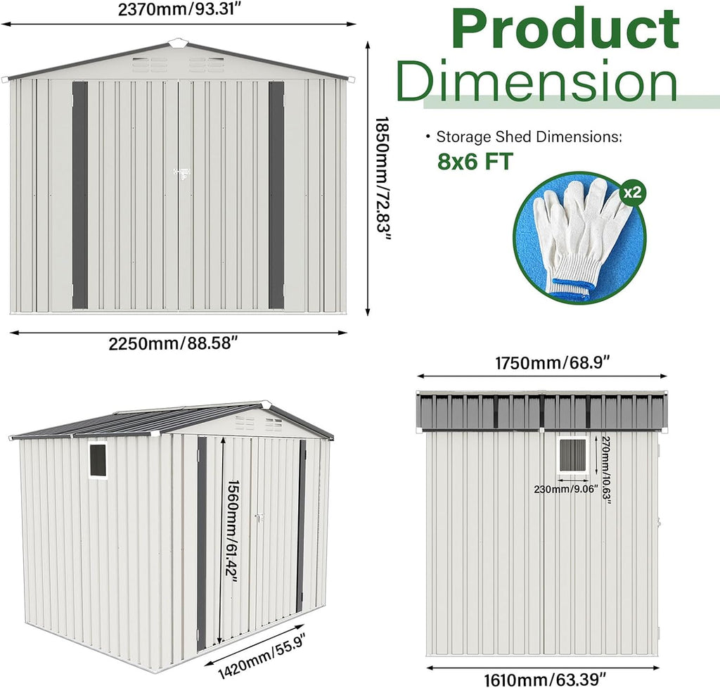 8X6 FT Metal Storage Shed,Tool Shed with Peaked Roof, Outdoor Storage Shed with Clear Window and Lockable Door, Garden Shed for Garden, Backyard,Patio,Sundries, White (8X6 FT)