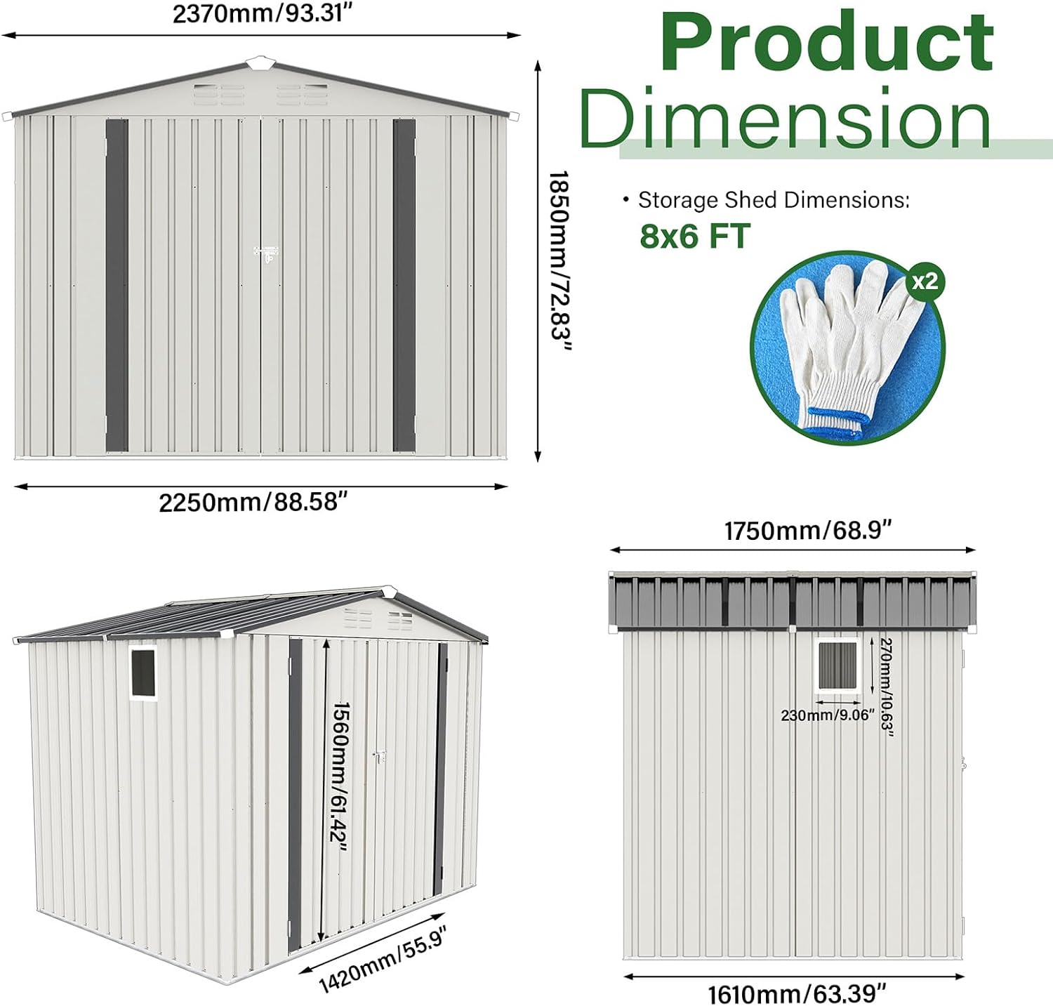 8X6 FT Metal Storage Shed,Tool Shed with Peaked Roof, Outdoor Storage Shed with Clear Window and Lockable Door, Garden Shed for Garden, Backyard,Patio,Sundries, White (8X6 FT)