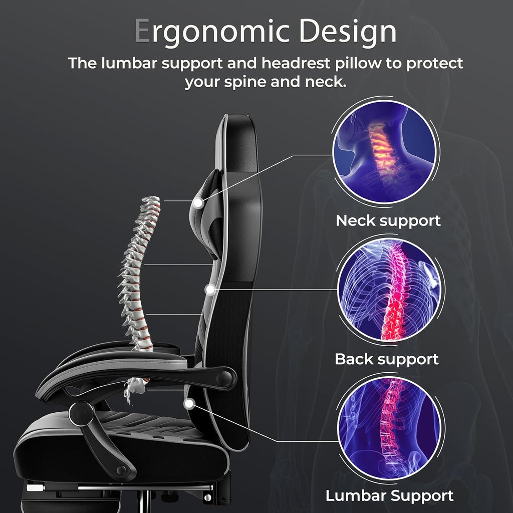 POWERSTONE Gaming Chair Video Game Chair with Footrest and Lumbar Support Racing Style PU Leather Computer Chair Ergonomic Adjustable Swivel Task Chair Gray
