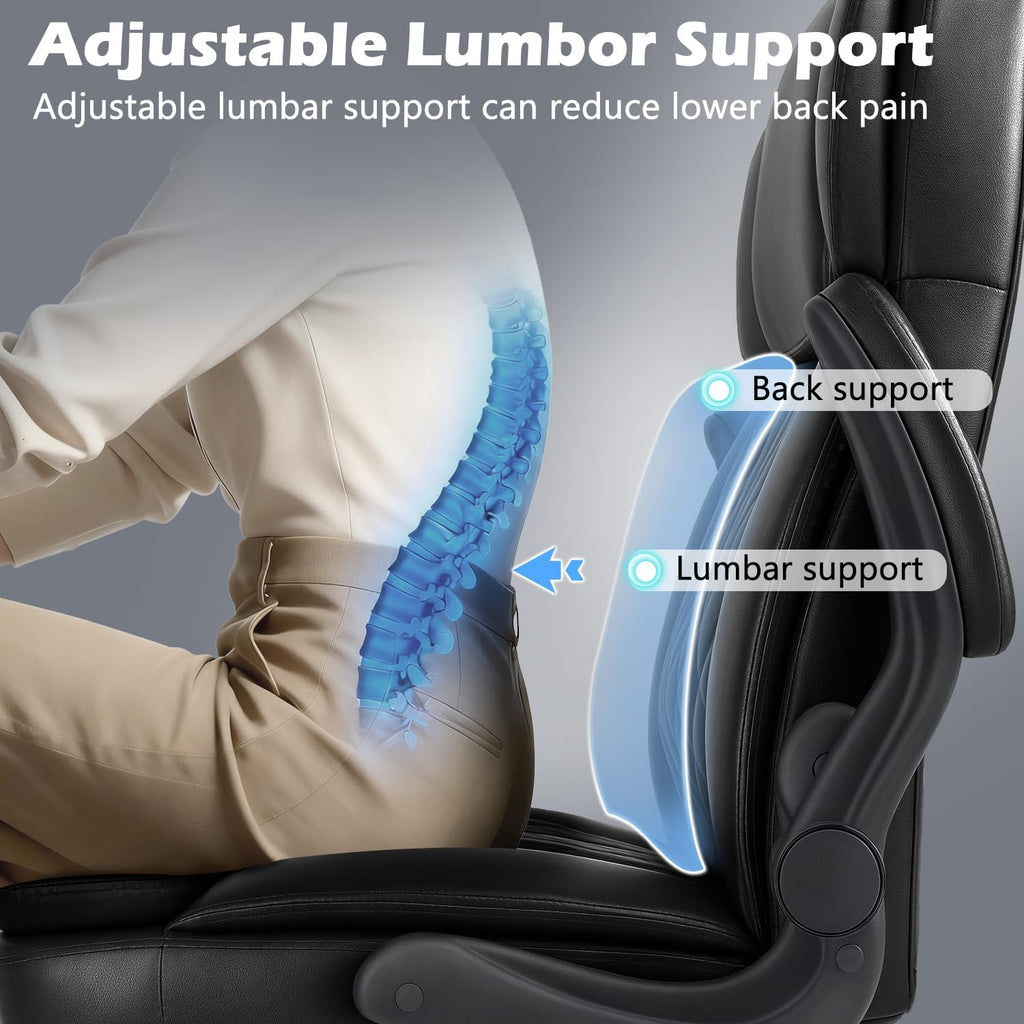 450lbs Executive Office Chair for Heavy People, Ergonomic Big and Tall Desk Chair with Adjustable Lumbar Support&Flip Up Armrest,High Back PU Leather Comfy Swivel Computer Chair
