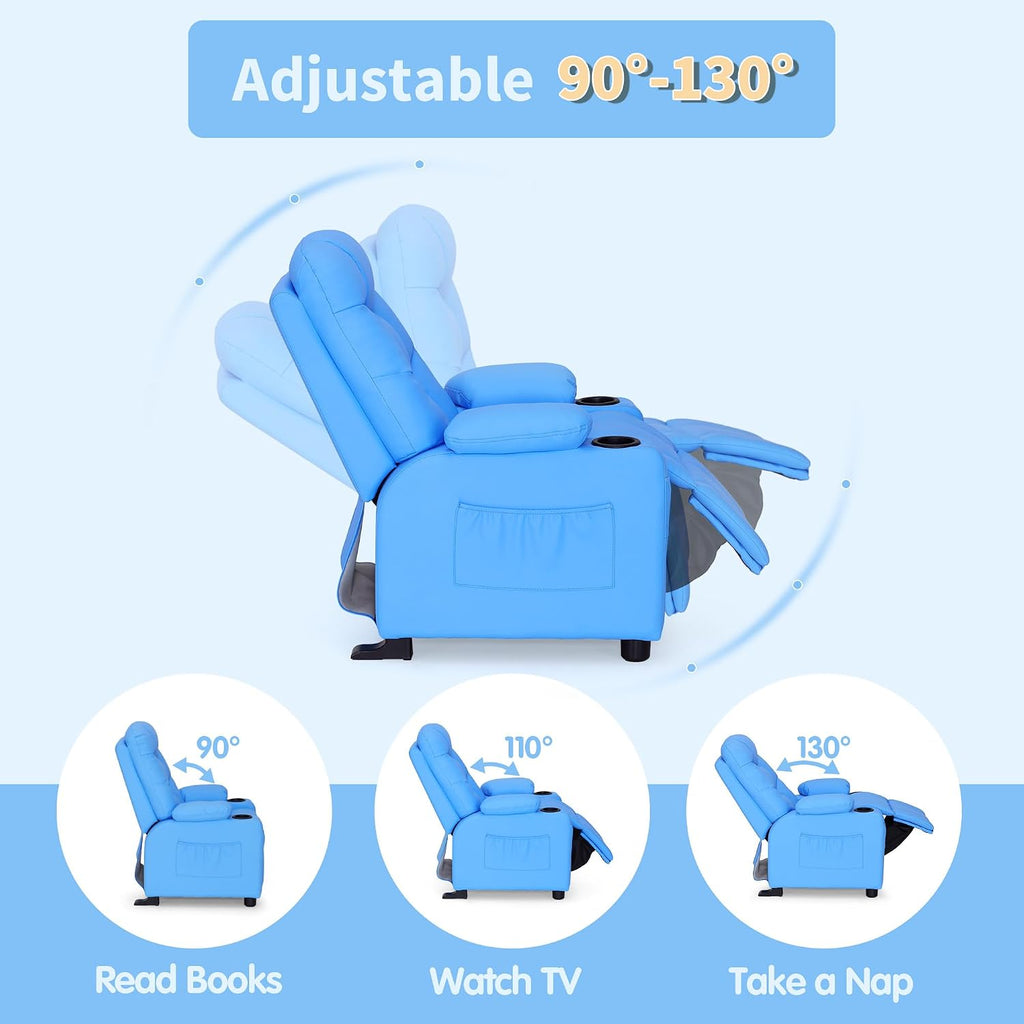 MCombo Big Kids Recliner for Ages 3+, Child Reclining Chair, Toddlers Recliner Sofa with Cup Holders (Faux Leather, Navy Blue)