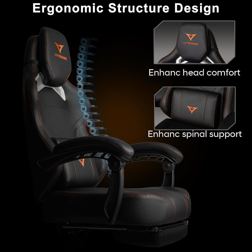 VITESSE Big and Tall Gaming Chair with Footrest,Ergonomic Video Gaming Chair with Oversized Headrest and Lumbar Support for Adults 400lb Weight Capacity,Computer Chair for Office or Gaming (Orange)