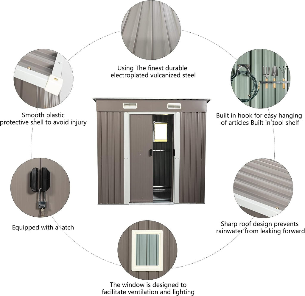 JT 6.4X4FT Outdoor Storage Shed with Metal Foundation, Sliding Doors and Window,Waterproof Tool Storage Shed for Patio Lawn Backyard (Gray-with The Window-6.4ftx4ft)