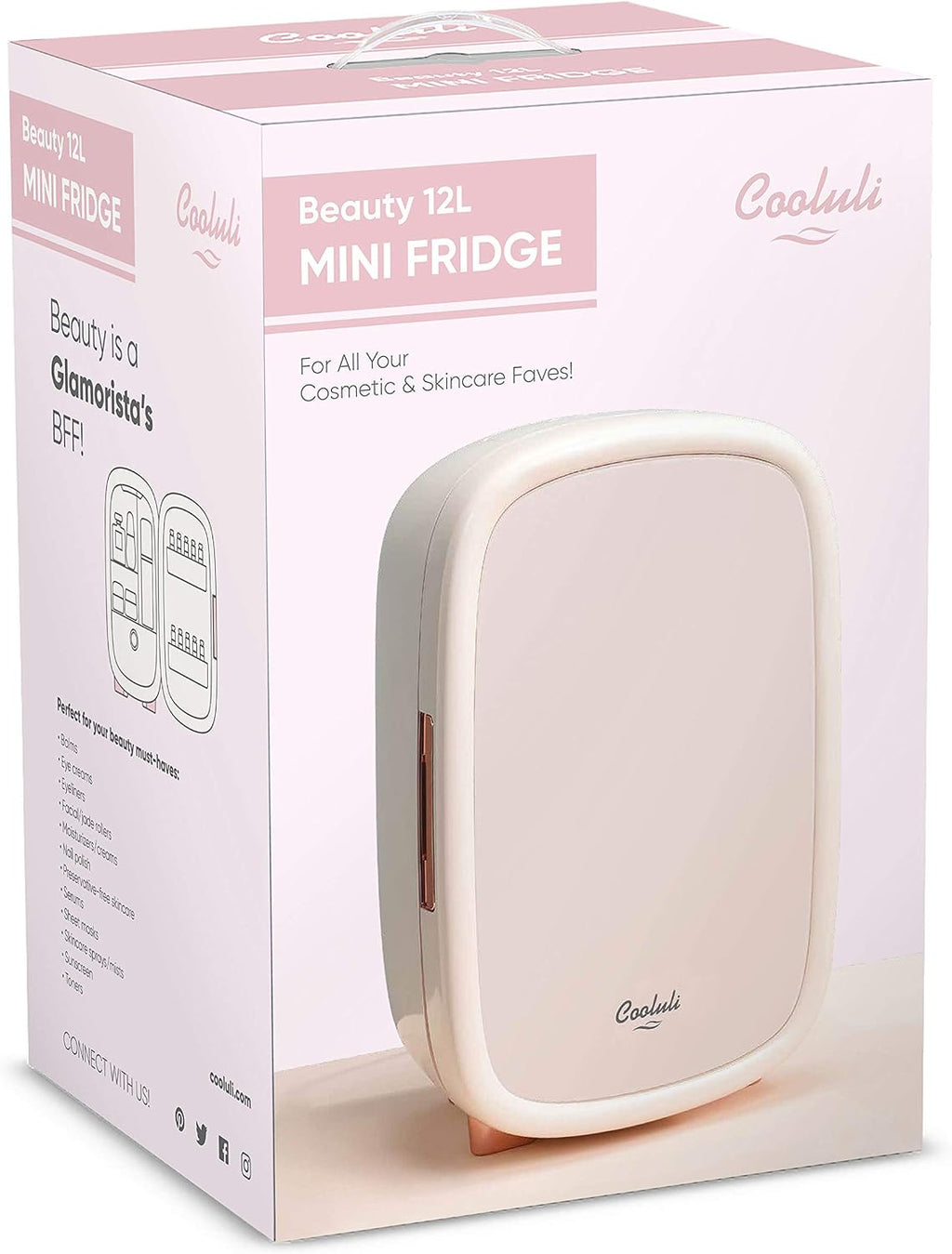 Cooluli Beauty 12L Skincare Fridge - for Makeup, Cosmetic & Facial Skin Care Products - for Women & Teen Girls - Pearl White Mini Fridge for Bedroom & Bathroom Vanity - Interior LED Lights