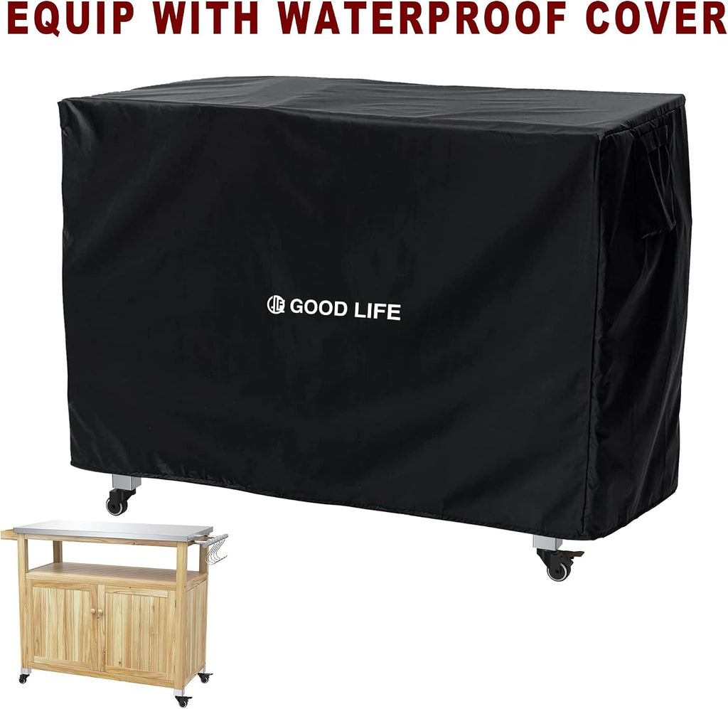 GDLF Outdoor Storage Cabinet Wood Outdoor Kitchen Prep Grill Table with Stainless Steel Top Waterproof Cover (Natural Wood Color)