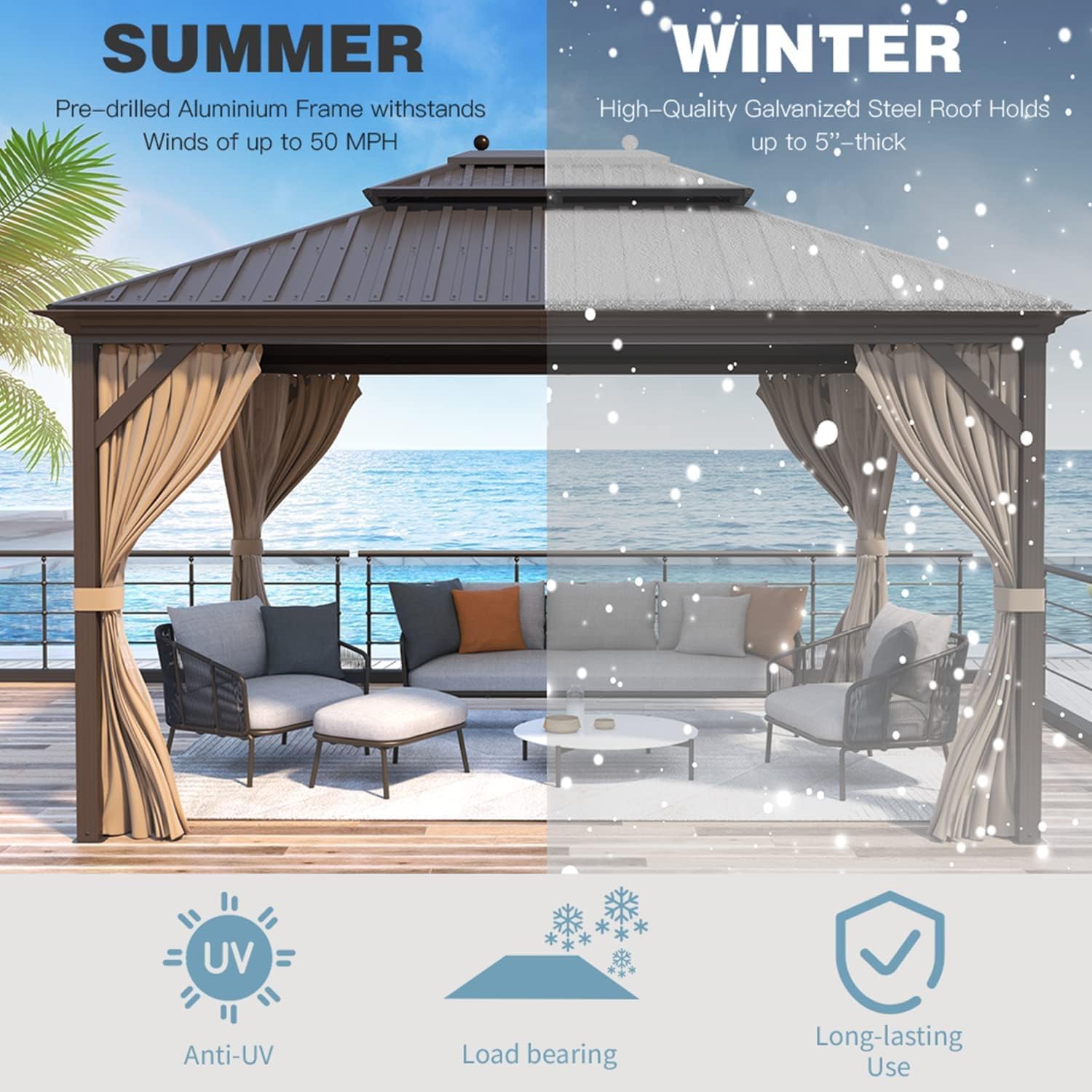 MELLCOM 12' x 14' Hardtop Gazebo, Brown Permanent Pavilion Gazebo with Curtains and Netting, Galvanized Steel Metal Double Roof Aluminum Gazebos with Aluminum Frame for Patio, Lawn & Garden