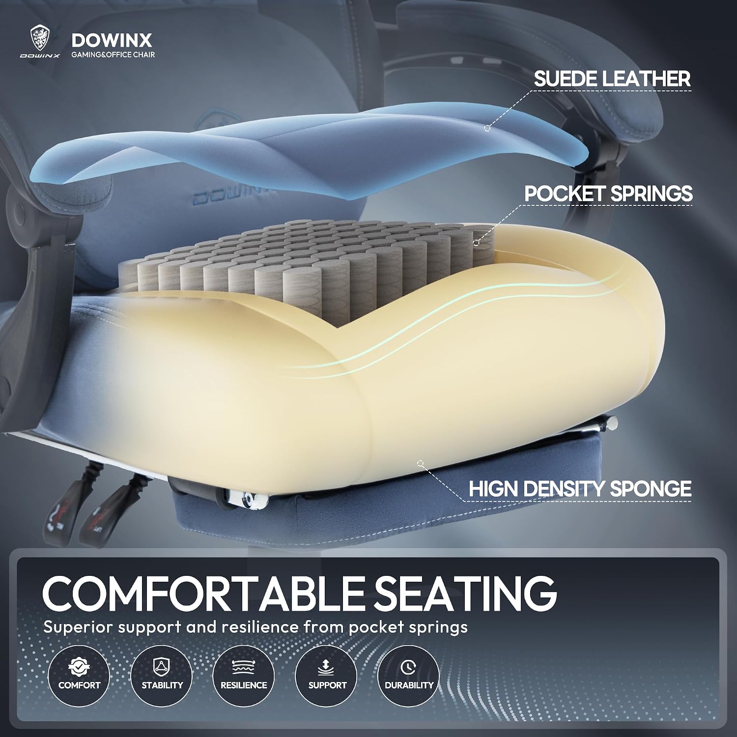 Dowinx Fabric Gaming Chair with Heated Massage Lumbar Support, Computer Game Chairs for Adults, Big Tall Gamer Chair with Pocket Spring Cushion and Footrest, Recliner Gaming Chairs for Adult,Blue