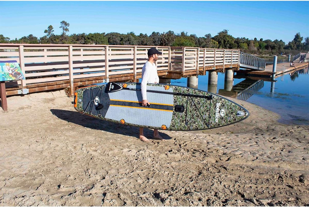 Solstice Drifter Inflatable Stand Up Paddle Board Kit | Yak Attack Accessory Mount | 11'6 x 34'' x 6'' | 350 Pound Capacity | Included Paddle Straps | Military Grade Materials, Green Camo (36116)