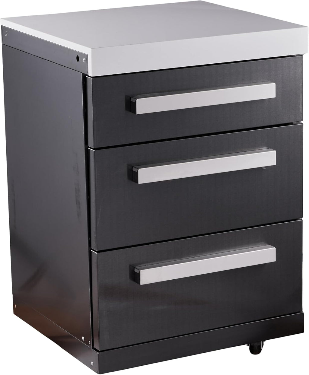 Mont Alpi Premium 25'W Extra Storage Soft-Closing 3-Drawer Slides Black Stainless Steel Right Cabinet Module for Black Series MAi805 & MAi400 Outdoor Kitchen Island Grills + White Granite Countertops