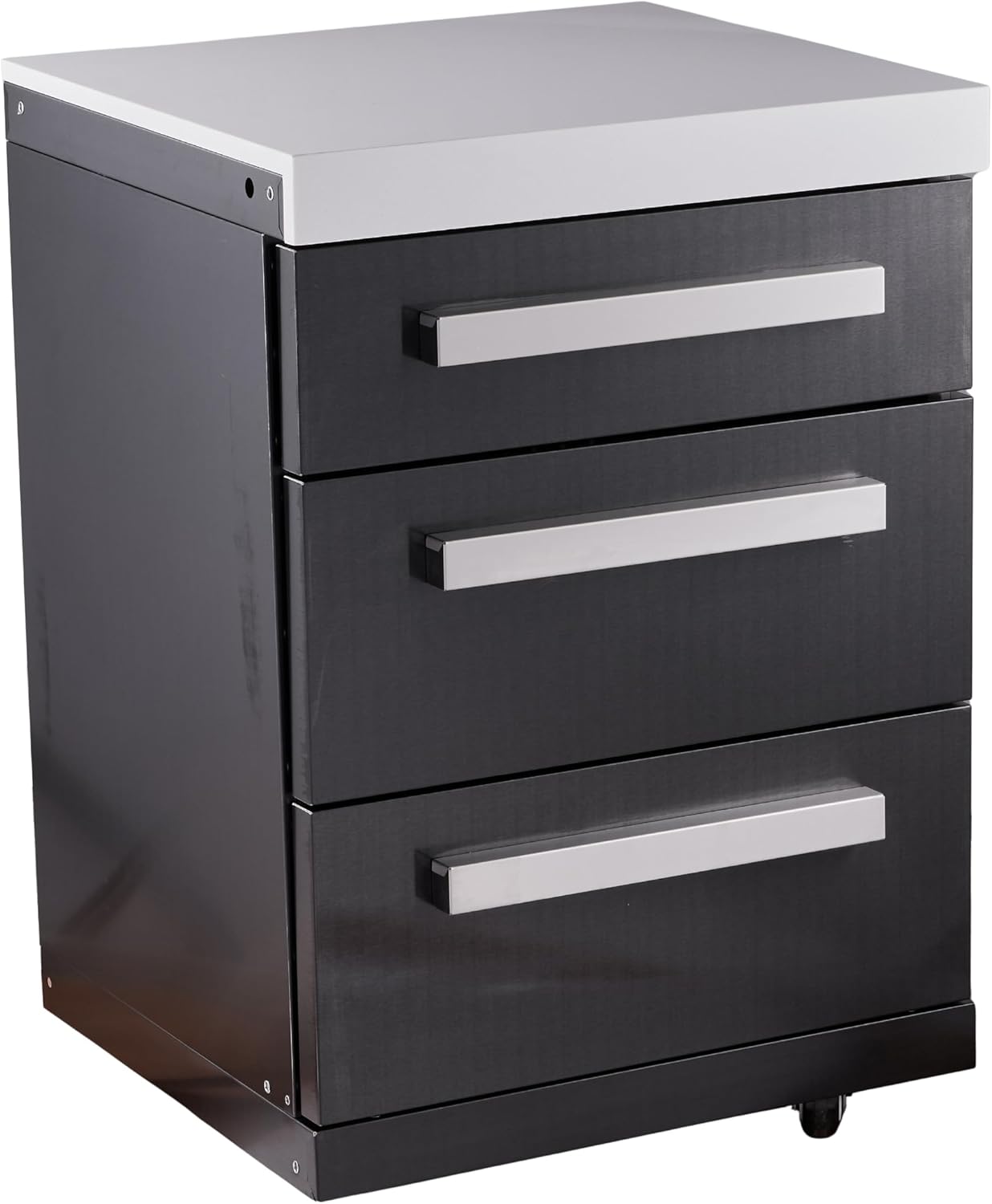 Mont Alpi Premium 25'W Extra Storage Soft-Closing 3-Drawer Slides Black Stainless Steel Right Cabinet Module for Black Series MAi805 & MAi400 Outdoor Kitchen Island Grills + White Granite Countertops